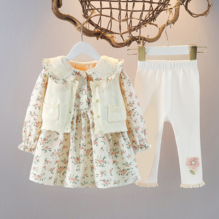 1-3岁女童碎花连衣裙套装，春季洋气公主纯棉，2女宝宝裙子两件套
