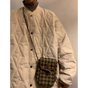 冬季棉衣男美式宽松夹棉加厚棒球服外套，设计感菱格保暖棉服