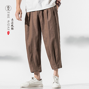 中国风夏季男士亚麻七分裤，宽松大码休闲裤，棉麻米白色九分裤纯亚麻