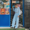 韩国2023秋季女士天鹅绒休闲连帽卫衣直通长裤套装天蓝色洋气