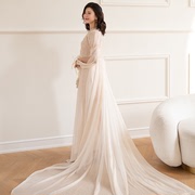 晨袍女新娘结婚礼服拖尾新婚敬酒长款冰丝法式白色高级晚会礼服裙