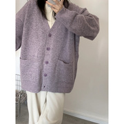 宽松风紫色羊绒毛衣外套女春季2024V领针织开衫高级感潮