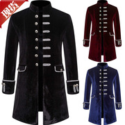 外贸男士大衣纯色中世纪cos欧美时尚蒸汽朋克复古立领天鹅绒制服