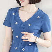 蓝色螺纹纯棉短袖t恤女中年妈妈夏装大码修身显瘦V领洋气上衣体恤
