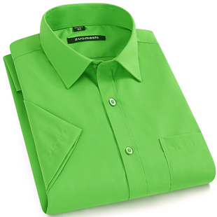 男士短袖绿色衬衣青色潮时尚绿男装夏季纯绿半袖青少年果绿男衬衫