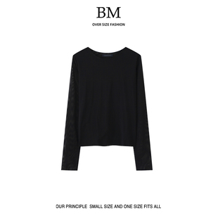 BM Fashion 纯色网状透气凉凉长袖T恤bm圆领性感修身内搭上衣