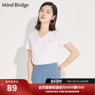 Mind Bridge女士短袖白t恤上衣夏季 V领半袖衫简约韩版女装