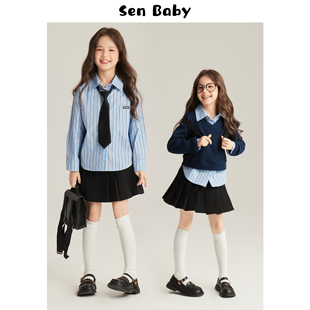 senbaby儿童春装学院风衬衫，2024中大童韩系童装女童美式套装
