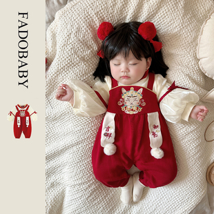 春季婴儿衣服喜庆红色连体衣女宝宝满月百天周岁礼服春秋款外出服