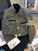 杭州四季青黑白撞色立领法式复古马术服短款小香风西装外套黑尾酱