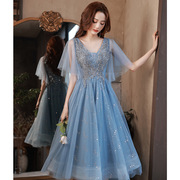 蓝色晚礼服2024春季小蝙蝠袖仙气质洋装伴娘裙小个子甜美风礼服裙