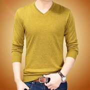 休闲秋装长袖t恤男士纯色，v领青年套头薄款打底衫休闲羊毛针织线衫