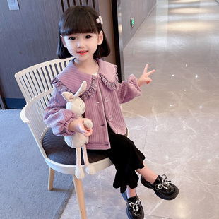 女童紫色外套春秋花边领上衣2023韩版小女孩洋气开衫针织衫