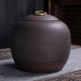 复古中式紫陶茶叶罐陶瓷，中号半斤装手工，跳刻花密封罐包装盒