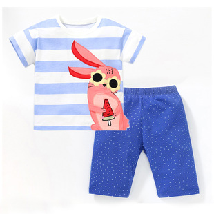 女童蓝条纹短袖t恤宝宝兔子半袖打底裤2件套，儿童夏装小童短裤套装