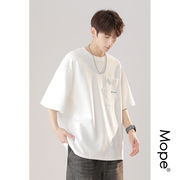 Mope 设计感白色t恤男夏季宽松纯棉半袖上衣300G重磅男生潮牌短袖