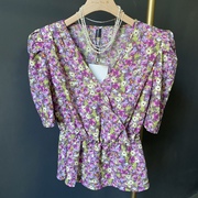 迷人的小花朵～韩国紫色碎花V领泡泡袖短袖女人味高腰衬衫上衣