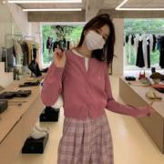 慵懒风减龄粉色毛衣外套女设计感韩版洋气短款圆领针织开衫小个子