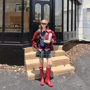 美式复古安可拉红皮夹克秋冬季装饰口袋短款翻领皮衣外套女机车服