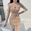 韩国东大门2024年春装圆领褶皱修身性感针织连衣裙两件套装女