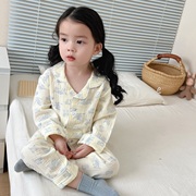 韩国儿童高级纱布纯棉睡衣洋气女孩家居服男孩翻领开衫对襟空调服