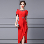 枝荔法式短袖连衣裙2024夏季高档钉钻设计感红色长款礼服裙子