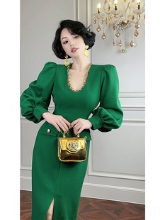 法式高端精致奢华大牌裙子气质名媛女神范高级感绿色修身连衣裙秋