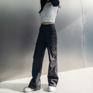 工装裤女2023秋冬直筒，窄版休闲美式复古深灰色，高腰阔腿牛仔裤
