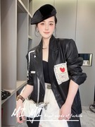 撞色心形图案印花纯绵羊皮纯皮皮衣长袖西服外套女2023秋季