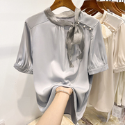 2023韩国气质显瘦纯色立领欧根纱系带钉珠R套头短袖雪纺衬衫