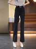 黑色冰丝棉麻微喇直筒，长裤女2023夏薄款高腰，垂感喇叭小个子九分裤