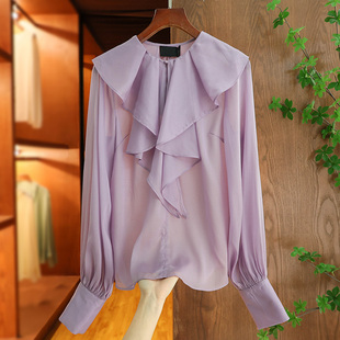 小众设计真丝欧根纱高级感紫色荷叶边领法式衬衫时尚四季可穿上衣