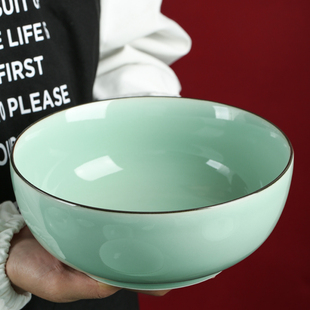 青瓷碗碟套装家用组合餐具中式豆青创意陶瓷碗盘面碗描边单碗
