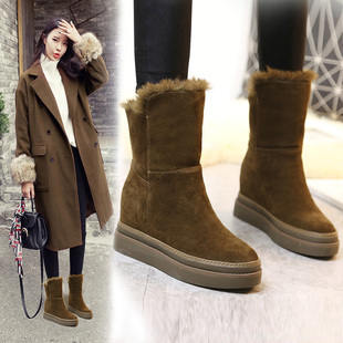 2023冬季真皮羊毛一体内增高休闲保暖棉鞋松糕跟短靴厚底雪地靴女