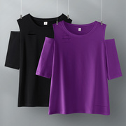 紫色上衣女中袖t恤春夏季宽松黑色露肩破洞半袖镂空短袖显瘦衣服