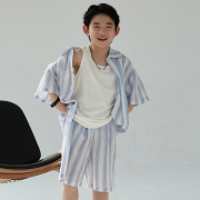 男童睡衣儿童夏季韩版竖条纹家居服套装男孩轻薄款短袖短裤可外穿