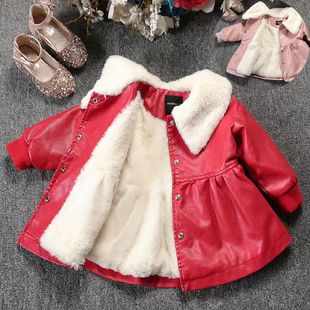 小女孩儿童宝宝冬装，小香风翻领中长款加厚夹绒红色大风衣外套皮衣