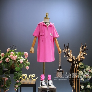 欧美女童装夏季休闲连帽拉链卫衣裙，韩版中大童洋气短袖连衣裙