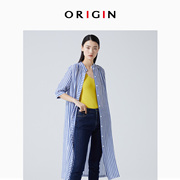 origin安瑞井夏季宽松衬衫，女立领上衣，撞色条纹五分袖中长衬衫