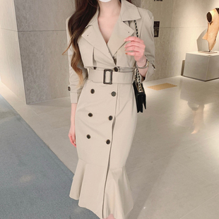 韩国chic秋季法式气质西装领双排扣系带，收腰显瘦长袖鱼尾连衣裙女