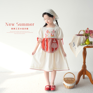 蓝小爸女童套装2024夏季儿童刺绣连衣裙格子围裙宝宝两件套