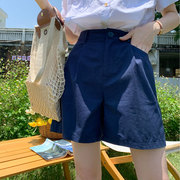夏季藏蓝色西装短裤女薄款甜辣a字高腰，显瘦工装宝蓝色休闲裤