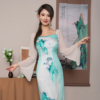 Magic Q 新中式青绿山水印花可拆卸雪纺袖吊带改良连衣裙