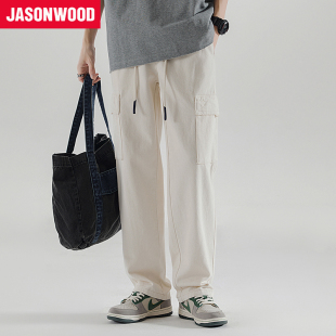 Jasonwood/坚持我的春季美式休闲户外工装裤直筒松紧腰牛仔裤