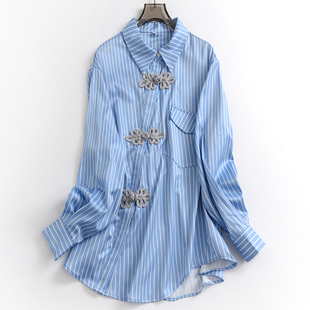 蓝色条纹宽松显瘦中长款翻领，新中式盘扣国风，长袖减龄女装衬衫n751