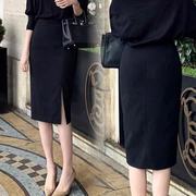 黑色高腰半身裙女秋韩版2024开叉，一步中长裙职业气质包臀裙子