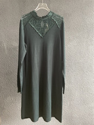 欧洲站 意大利制MANILA GRACE高级设计宝石绿色拼接蕾丝领连衣裙