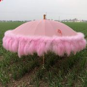 伞主题专用粉色国潮风影楼伞长毛伞粉红色雨伞工艺伞毛毛木柄把手