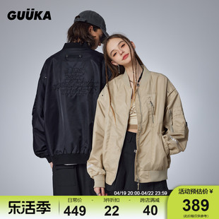 guuka潮牌黑色飞行员棉服外套冬情侣坏学生，加厚工装棉衣夹克宽松