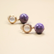 天然紫龙晶耳坠女原创设计紫水晶半宝石串珠，耳饰珍珠母贝镀金耳钉